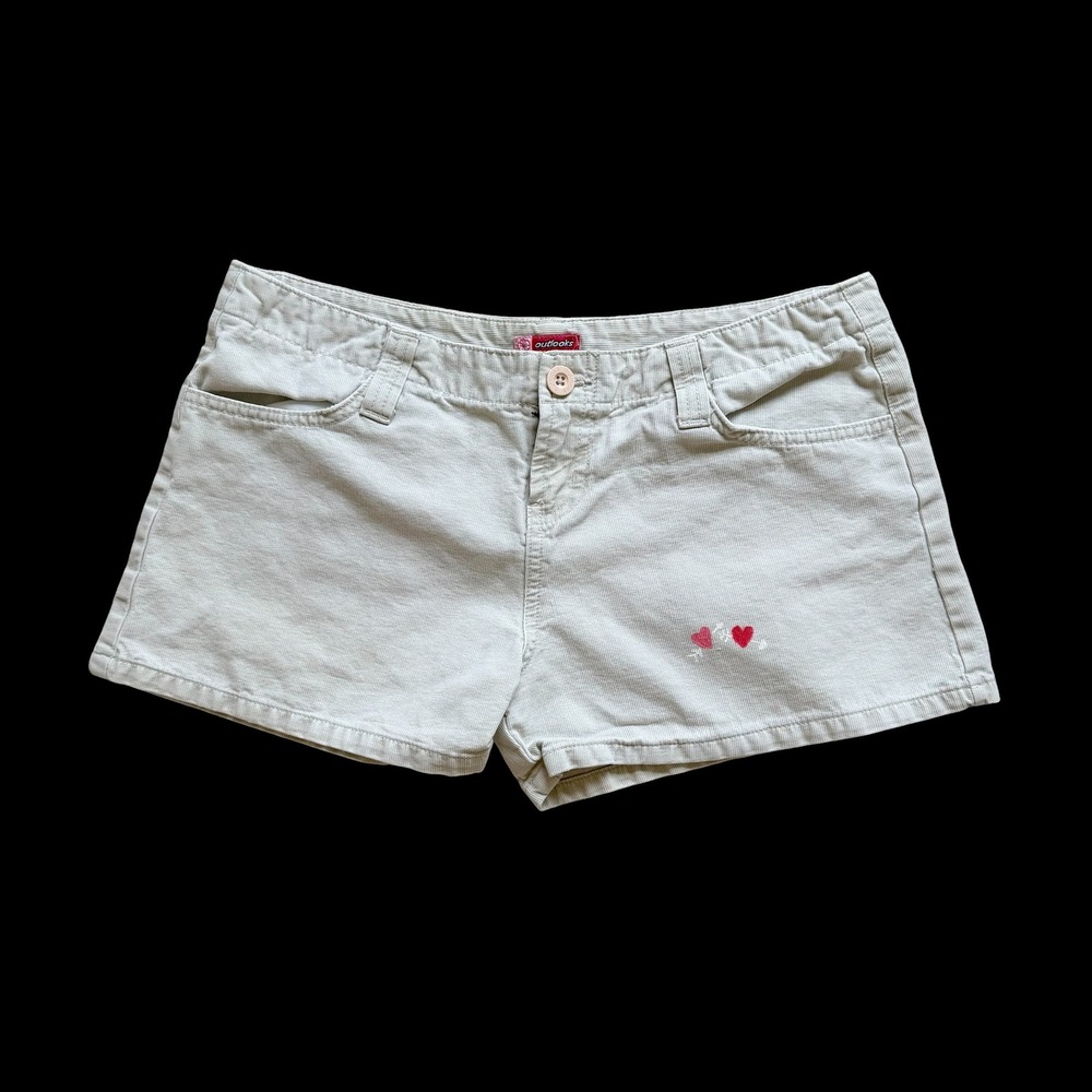 Y2K Outlooks Beige Corduroy‎ Micro Low Rise Shorts Heart Paint Utility Sz 7